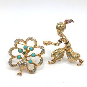 Vintage Brooches Genie Turban Peacock Rhinestones